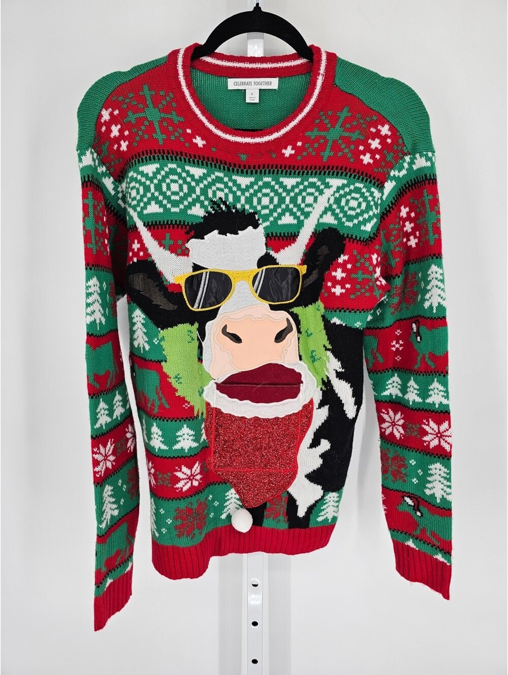 Celebrate Together Womens Sz S Ugly Christmas Sweater Funny Cow Print